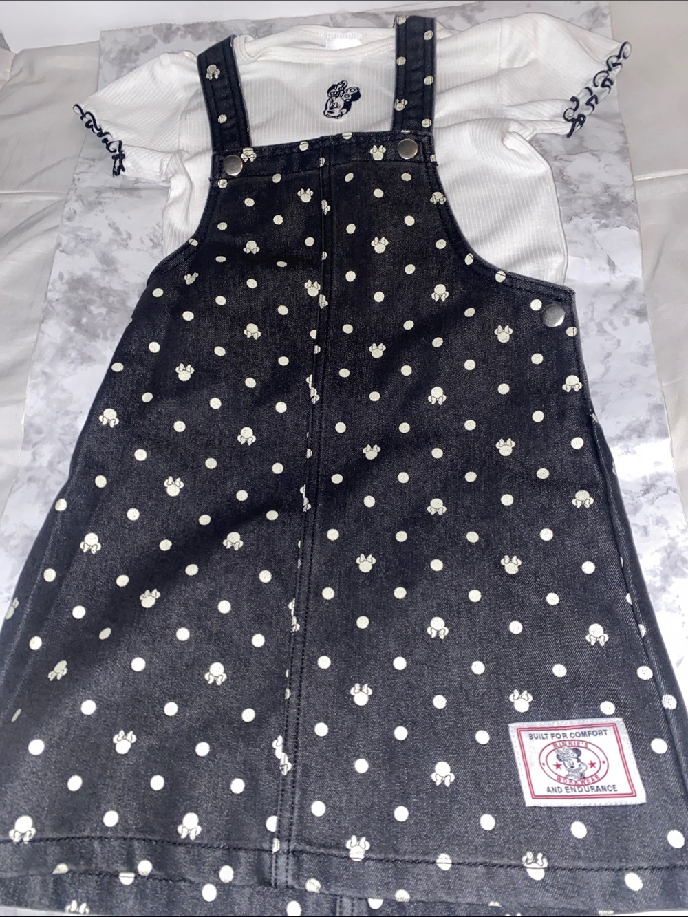 Disney Black Polka Dot Overall Dress with White Tee